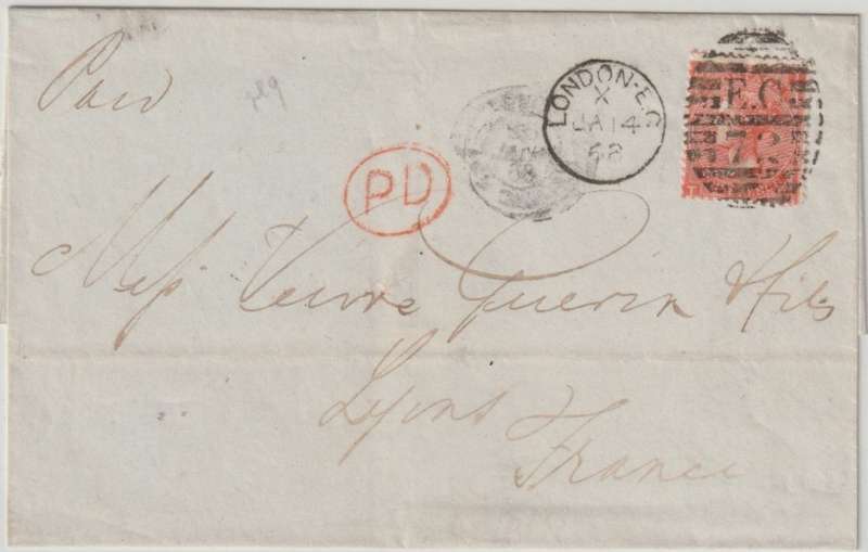 Great Britain 1868 QV 4d vermillion plate  9 on entire to France very, fine