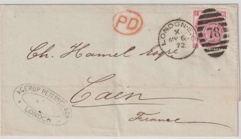 Great Britain 1872 QV 3d rose plate 7 on wrapper from London to France very fine