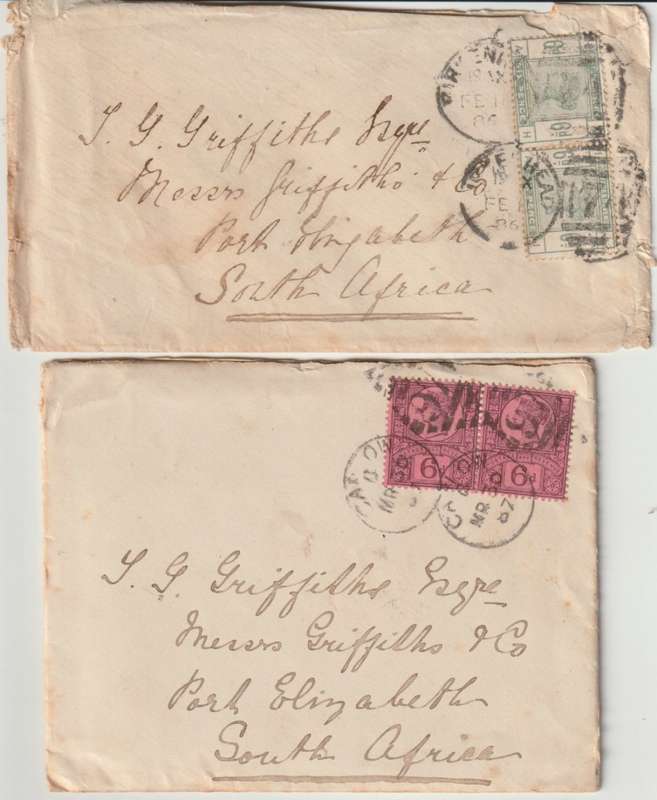 Great Britain 1886 & 1887 QV 6d x2 on 2 covers to same addressee in South Africa fine