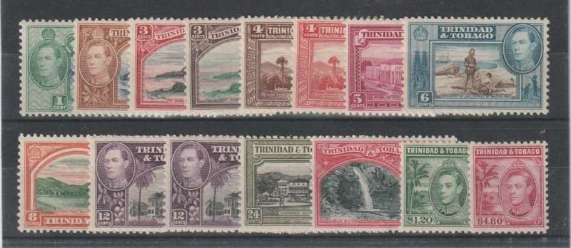 Trinidad and Tobago 1938/44 KGVI set of 15 including 12c shade fine mint