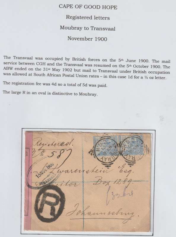 Anglo Boer War 1900 COGH 2 1/2d x2 on registered censored cover Mowbray to Johannesburg