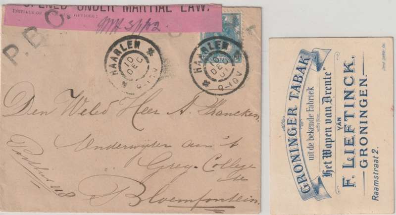 Anglo Boer War 1901 Netherlands Haarlem censored cover to Grey College Bloemfontein