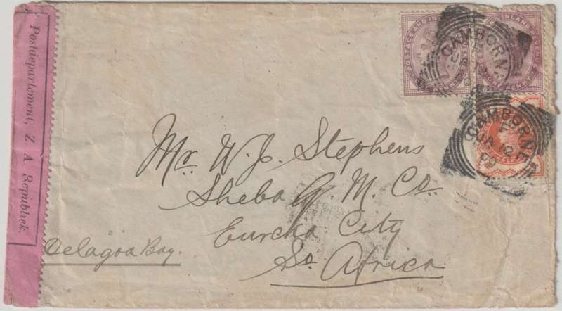 Anglo Boer War 1900 Great Britian censored cover to Eureka City ZAR via Delagoa Bay
