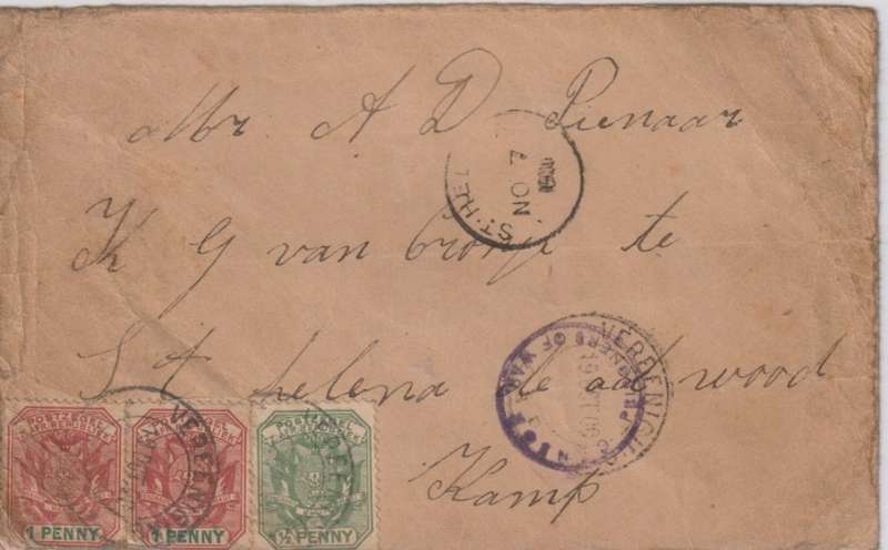 Anglo Boer War 1900 ZAR Verenniging censored cover to POW Deadwood Kamp St Helena