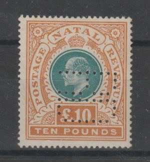 Natal 1902 KEVII £10 green & orange perfined RD very very scarce fine mint