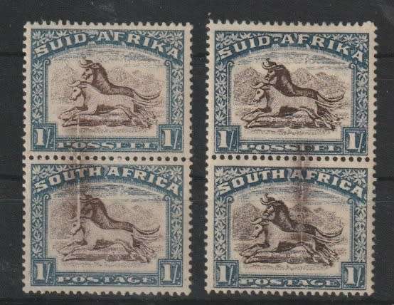 South Africa 1947 Hyphenated 1s x2 vertical pairs with brown ink doctor blade flaws