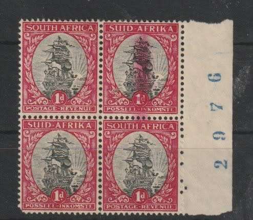 South Africa 1933 Hyphenated 1d blu esheet no block of 4  with red ink doctor blade flaw