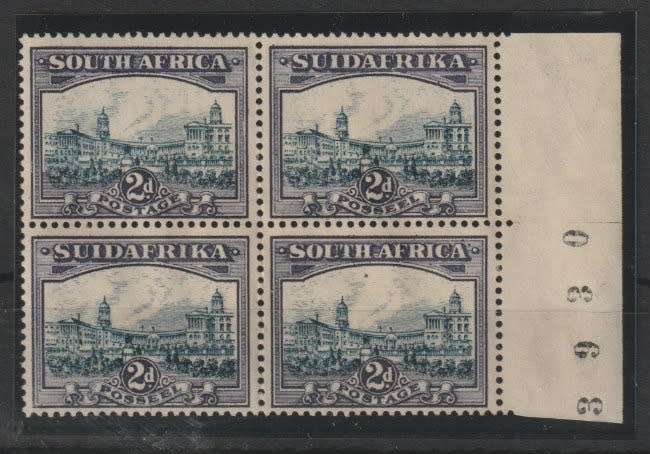 South Africa 1930 Roto Unhyphenated 2d blue and violet sheet number block