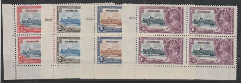Swaziland 1936 KGV Silver Jubilee set of 4 in bottom left corner blocks with EXTRA FLAGSTAFF