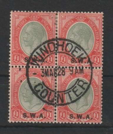 South West Africa 1927 KGV SWA £1 block of 4   superb used