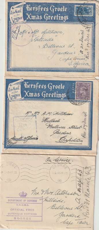 South Africa 1940s WWII Aitcheson correspondence with 2x Xmas Greeting Air Letters etc fine
