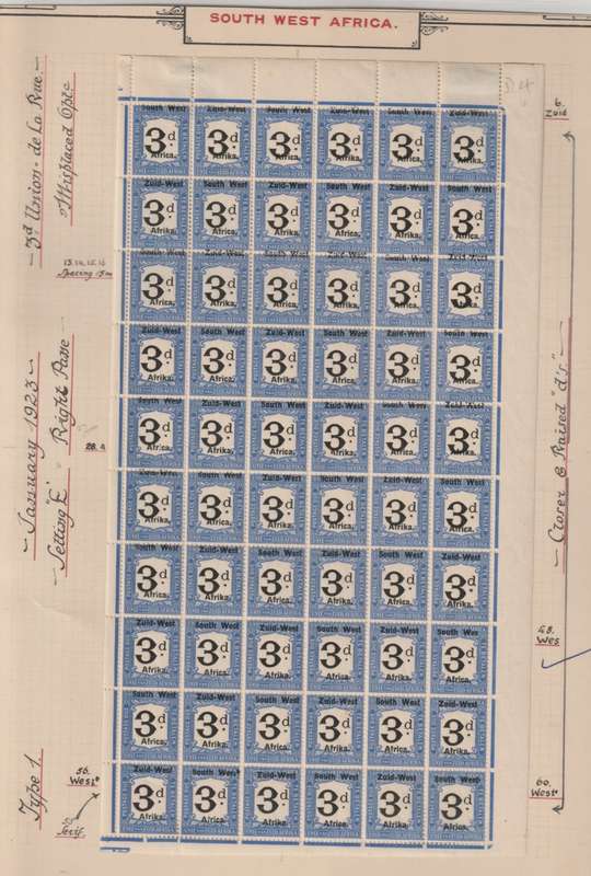 South West Africa Postage Due 1923 3d full pane of 60 block with Wes variety unmounted mint
