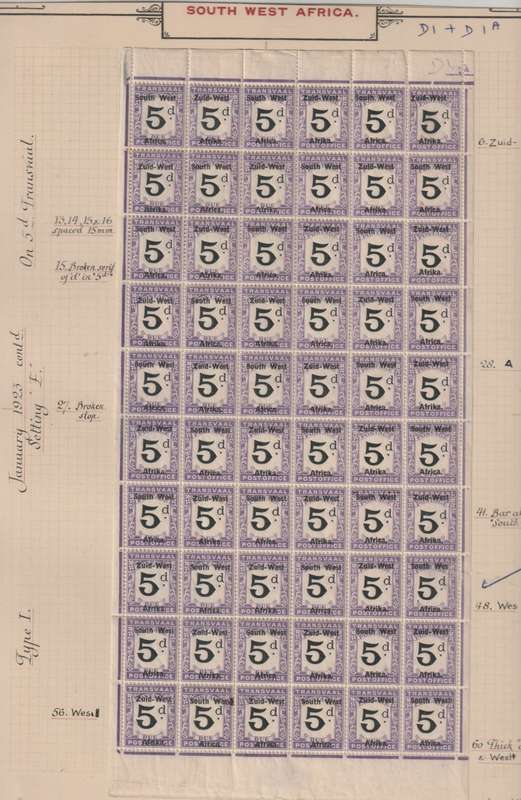 South West Africa Postage Due 1923 5d full pane of 60 block with Wes variety unmounted mint