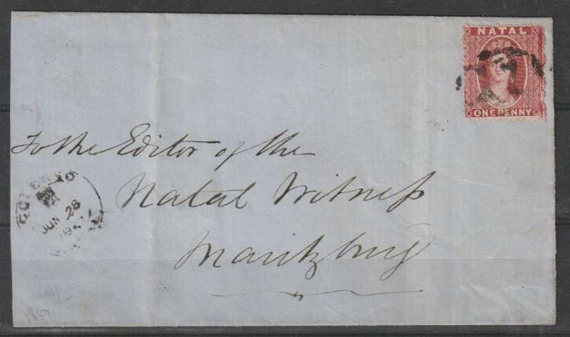 Natal 1867 QV 1d rose-red on part wrapper with BONC 17 and Colenso cds with manuscript day