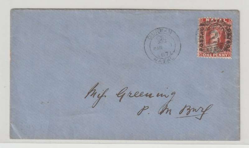 Natal 1871 QV 1d bright red on cover with BONC 2 & proving Durban canceller addressed to P M Burg