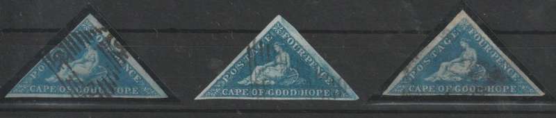 Cape of Good Hope 1855 4d blue x3 different shades with clear margins  fine used