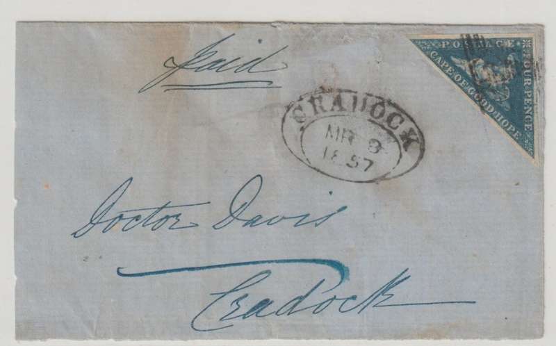Cape of Good Hope 1857 4d deep blue clear margins on part wrapper to Cradock very fine