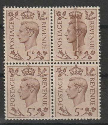 Great Britain 1937 KGVI 5d block of 4 with major ink printing flaw very fine unmounted mint