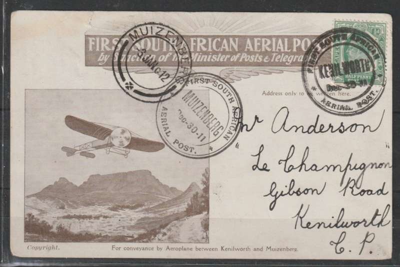South Africa 1911 30 Dec., First Flight Card Kenilworth to Muizenberg, very scarce fine used