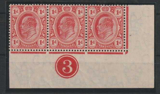 Transvaal 1905 KEVII 1d plate no 3 bottom right strip of 3  very fine unmounted mint