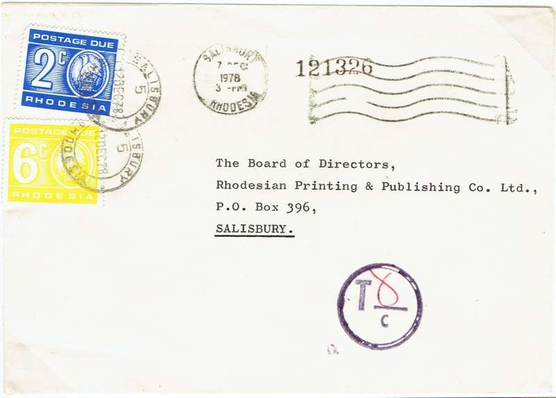 Rhodesia 1978 salisbury local cover taxed 8c with 2c & 6c postage dues very fine