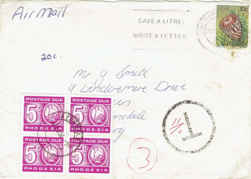 Rhodesia 1980 Cape Town airmail cover to Avondale, taxed 20c with 5c block of 4 postage due