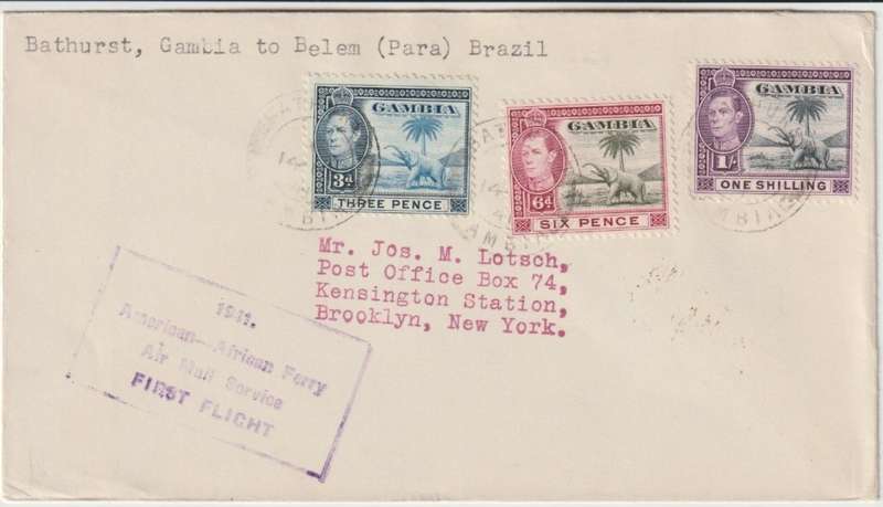 Gambia 1941 KGVI 3d, 6d & 1s on First Flight cover Bathurst to NY via Brazil very fine