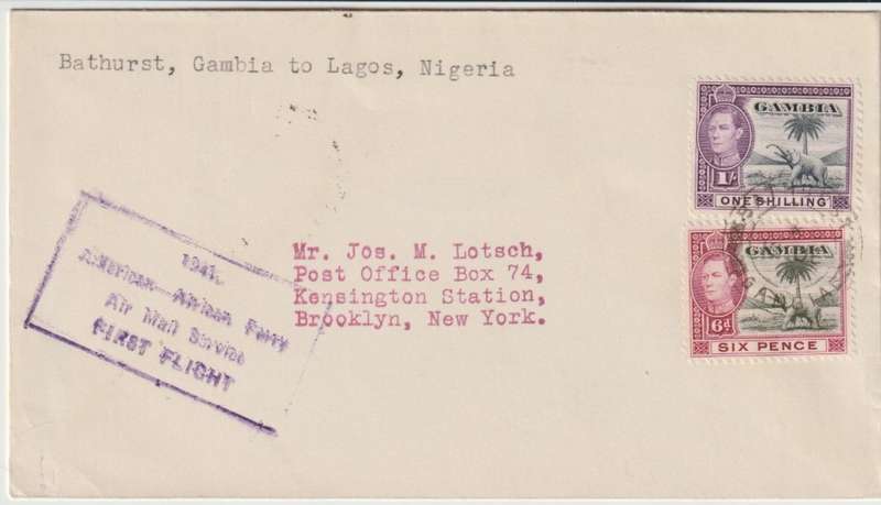 Gambia 1941 KGVI 6d & 1s on First Flight cover Bathurst to NY via Nigeria very fine