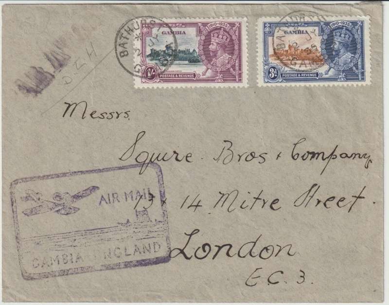 Gambia 1935 KGV 3d & 1s on First Flight cover Bathurst to UK very fine