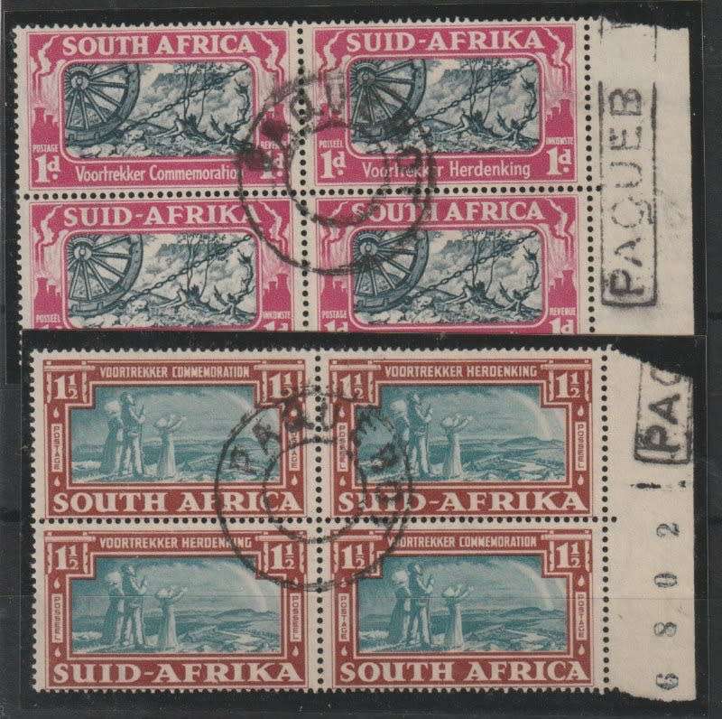South Africa 1938 Voortrekker set of 2 sheet no blks of 4 with Paquebot cancels