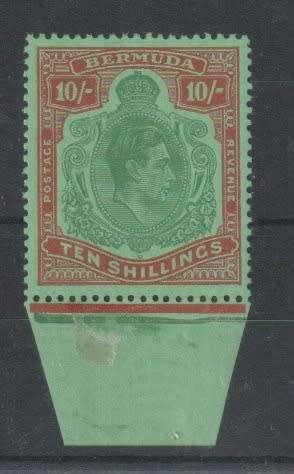 Bermuda 1938 KGVI 10/- yellow green & dp carmine-red/green, ordinary paper very fine unmounted mint