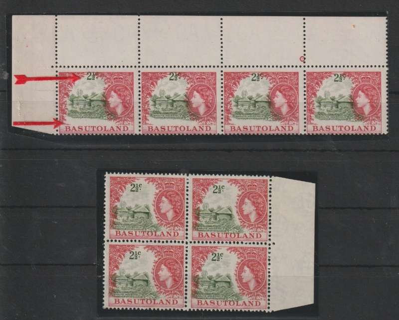 Basutoland 1961 QEII  Decimal  2 1/2c strip and block of 4 with major centre shifts