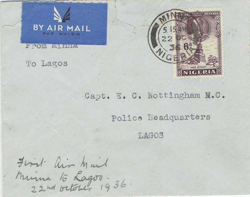 Nigeria 1936 1st Flight Minna to Lagos cover very fine