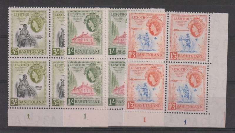 Basutoland 1959 National Council set of 3 in plate blocks of 4 unmounted mint