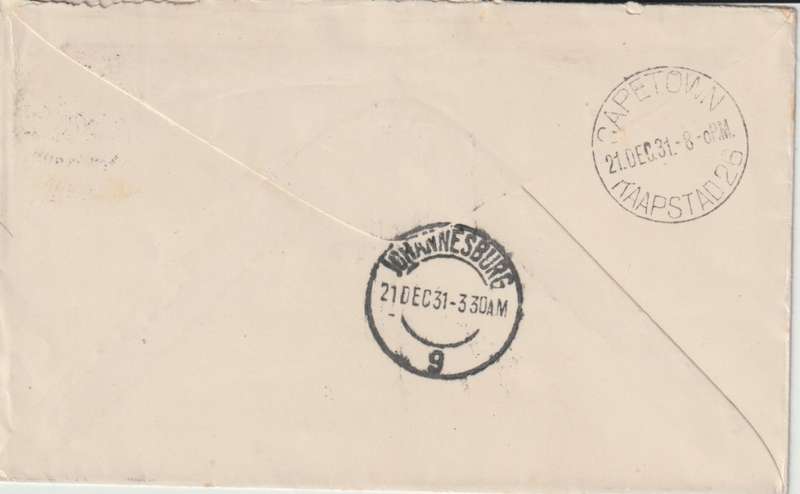 South Africa 1932 27 January 1st Flight Wilton Rd Uk to Cape Town, very fine