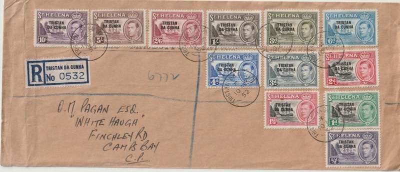Tristan Da Cunha 1952 KGVI set of 12 on first day cover very fine used