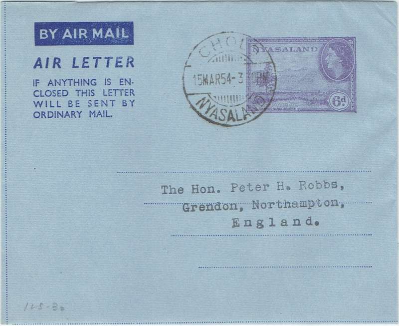 Nyasaland 1954 QEII 6d Air Letter from Cholo to the UK very fine used
