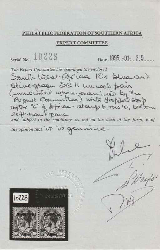 South West Africa 1923 KGV Type I 10s with dropped stop pair very fine unmounted with certificate
