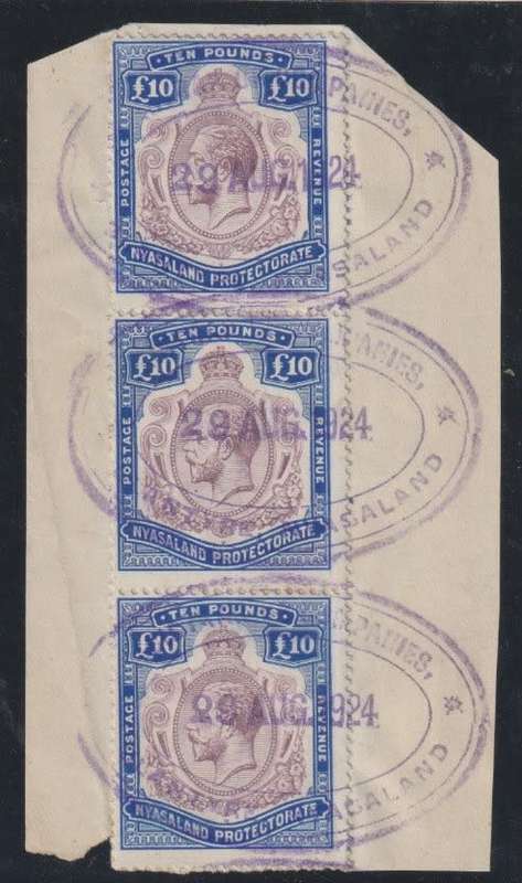 Nyasaland 1913 KGV £10 purple & royal blue strip of 3 with varieties fiscally used