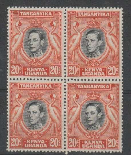 Kenya Uganda Tanganyika 1938 KGVI 20c dp black & dp orange perf 13 1/4 x 13 3/4 block of 4