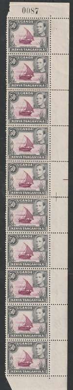 Kenya Uganda Tanganyika 1938 KGVI 50c  perf 13  x 11 3/4 strip of 10 with sheet number