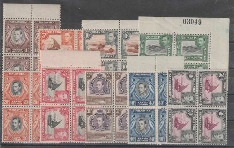 Kenya Uganda Tanganyika 1938 KGVI lot of 9 values in blocks of 4 unmounted mint