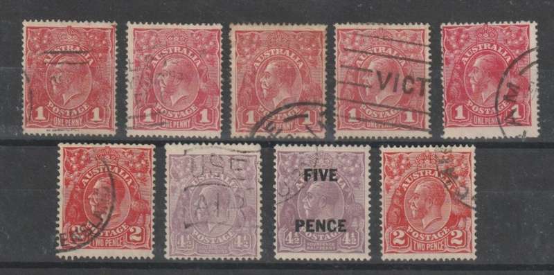 Australia 1914 KGV lot including varieties, re-entry, sub-cliche, spur in r/n, double frame