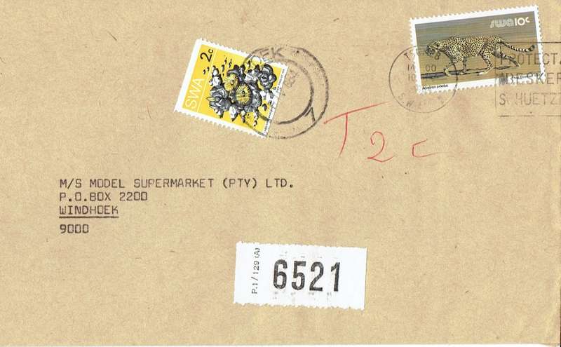 South West Africa Postage Due 1984 10c on postage rate change cover with coil 2c as postage due