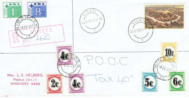 South West Africa Postage Due 1981 regist cover franked normal postage rate and taxed for regist