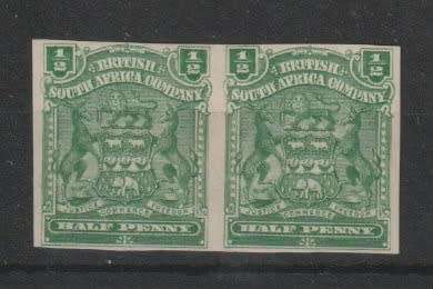 Rhodesia BSAC 1898 Arms 1/2d green imperforate pair fine mint