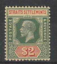 Malaysia Strait Settlements 1912 KGV $2 green & red/yellow fine mint
