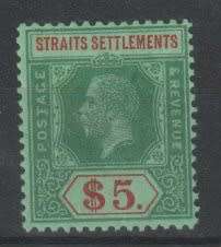 Malaysia Strait Settlements 1912 KGV $5 green & red/blue-green fine mint