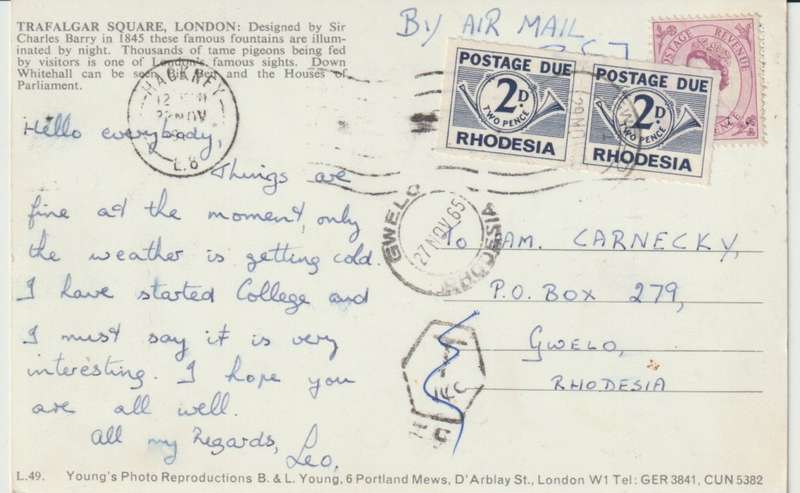 Rhodesia 1965 Great Britain postcard to Gwelo T14c tax marking and 2x 2d postage dues applied