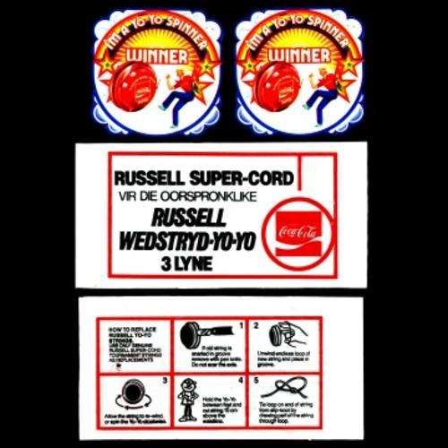 Two Coca Russel Yo-Yo Stickers with two Empty String Packets - Bilingual.